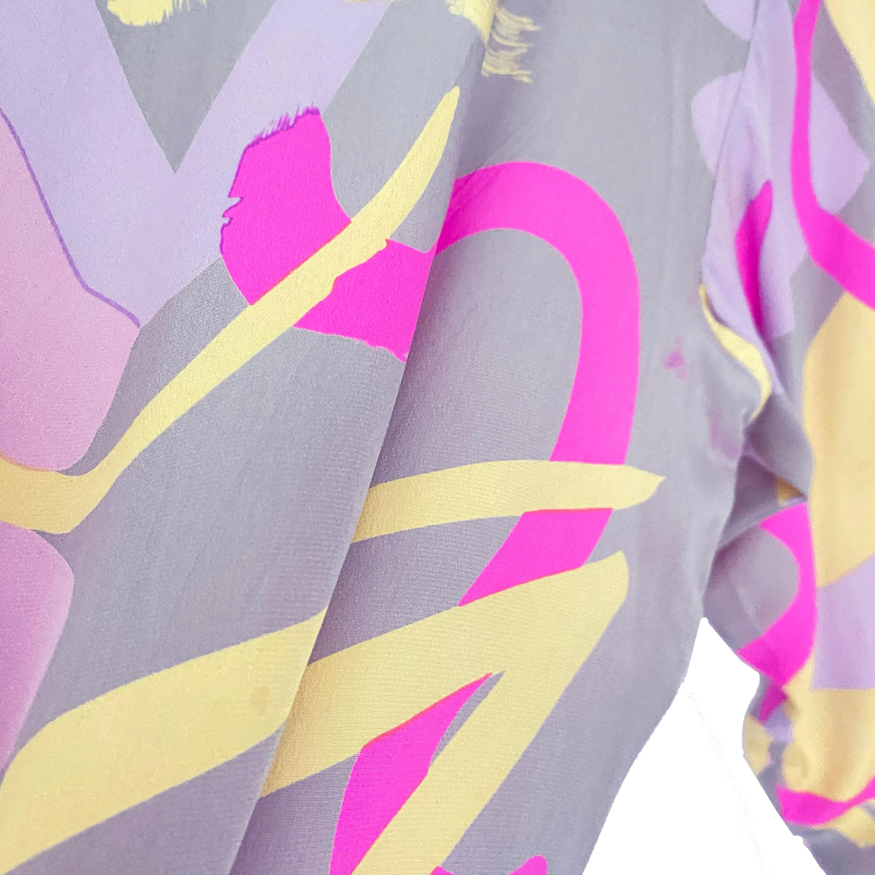 Vintage Flora Kung Pastel Fishtail Silk Print Dress - imperfect For Sale 3