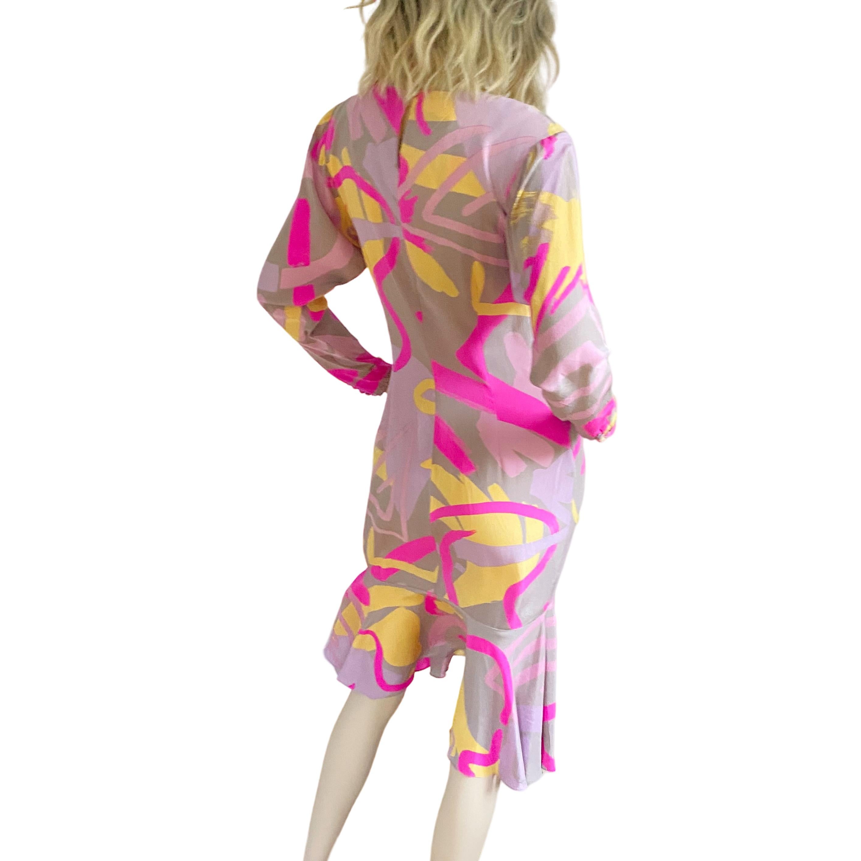 Name: Flora Kung Ari dress.
Style: Long sleeve dress with fishtail flutter.
Print: Freehand neon print
Colors: Pastel gray, neon pink, soft pink, lavender and yellow
Entry: Hidden side zipper with hook and eye, back keyhole
Fabric: 100% silk