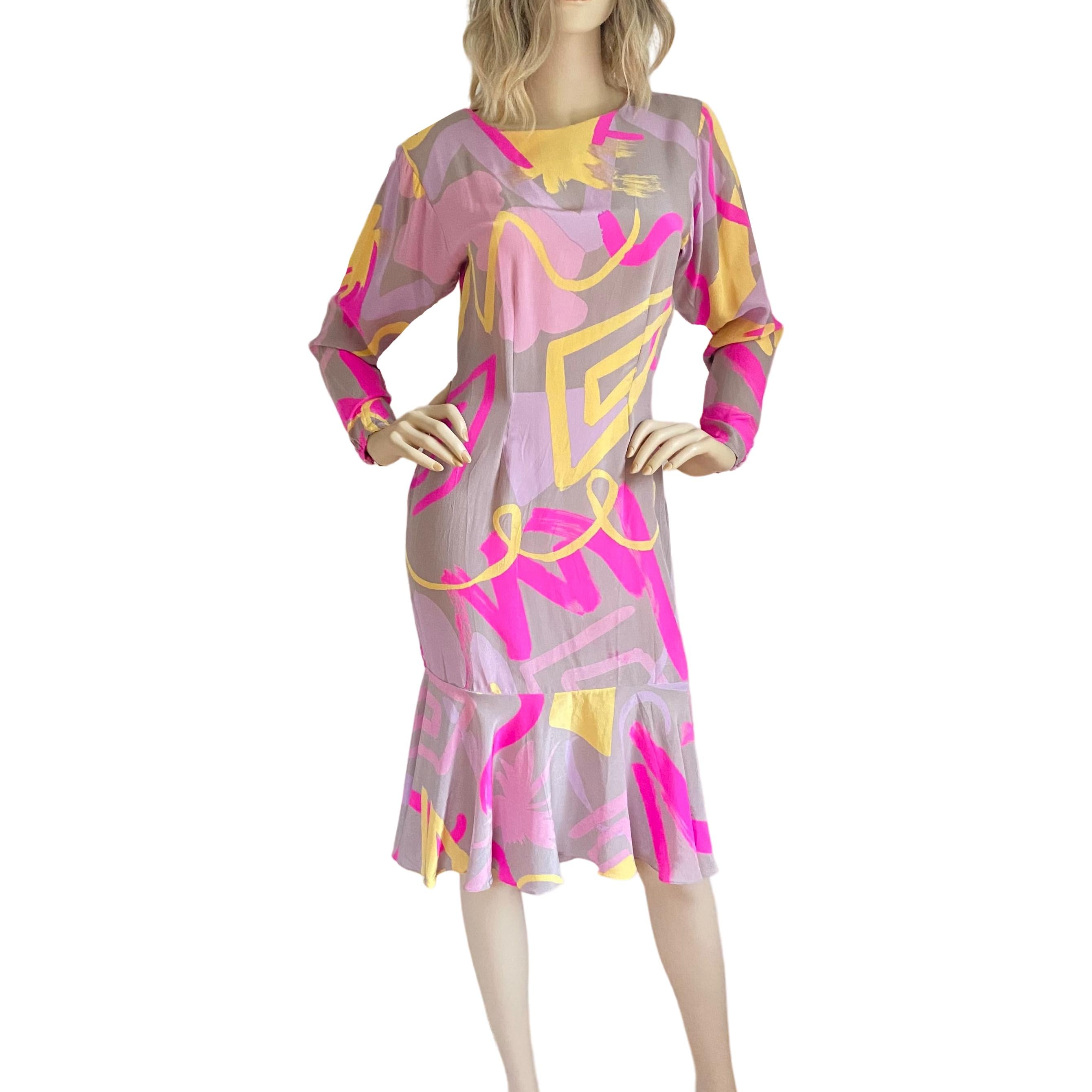 Vintage Flora Kung Pastel Fishtail Silk Print Dress - imperfect For Sale 4