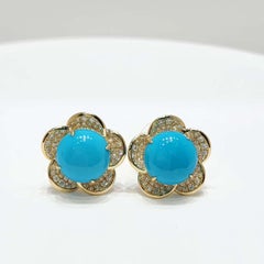 Vintage Floral 10mm Sleeping Beauty Turquoise Diamond Earrings in 14K Gold