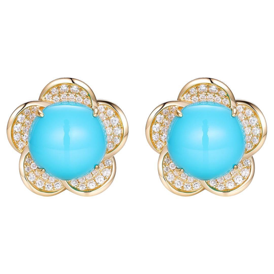 Boucles d'oreilles florales en or jaune 14 carats, avec turquoise et diamants, 0,47 carat, neuves
