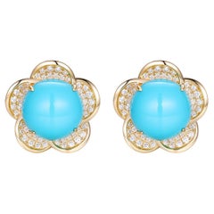 Vintage Floral 10mm Sleeping Beauty Turquoise Diamond Earrings in 14K Gold