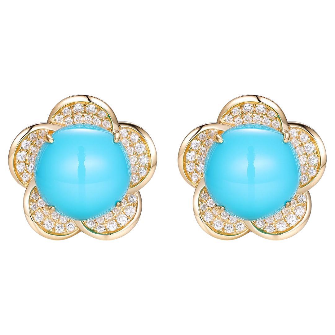 Orecchini floreali vintage con diamanti di turchese della Bella Addormentata da 10 mm in oro 14K