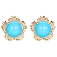 Orecchini floreali vintage con diamanti di turchese della Bella Addormentata da 10 mm in oro 14K