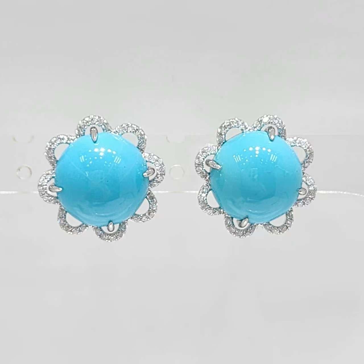 Boucles d'oreilles en or 14K avec turquoise et diamant de la Belle au Bois Dormant de 12mm en vente 4