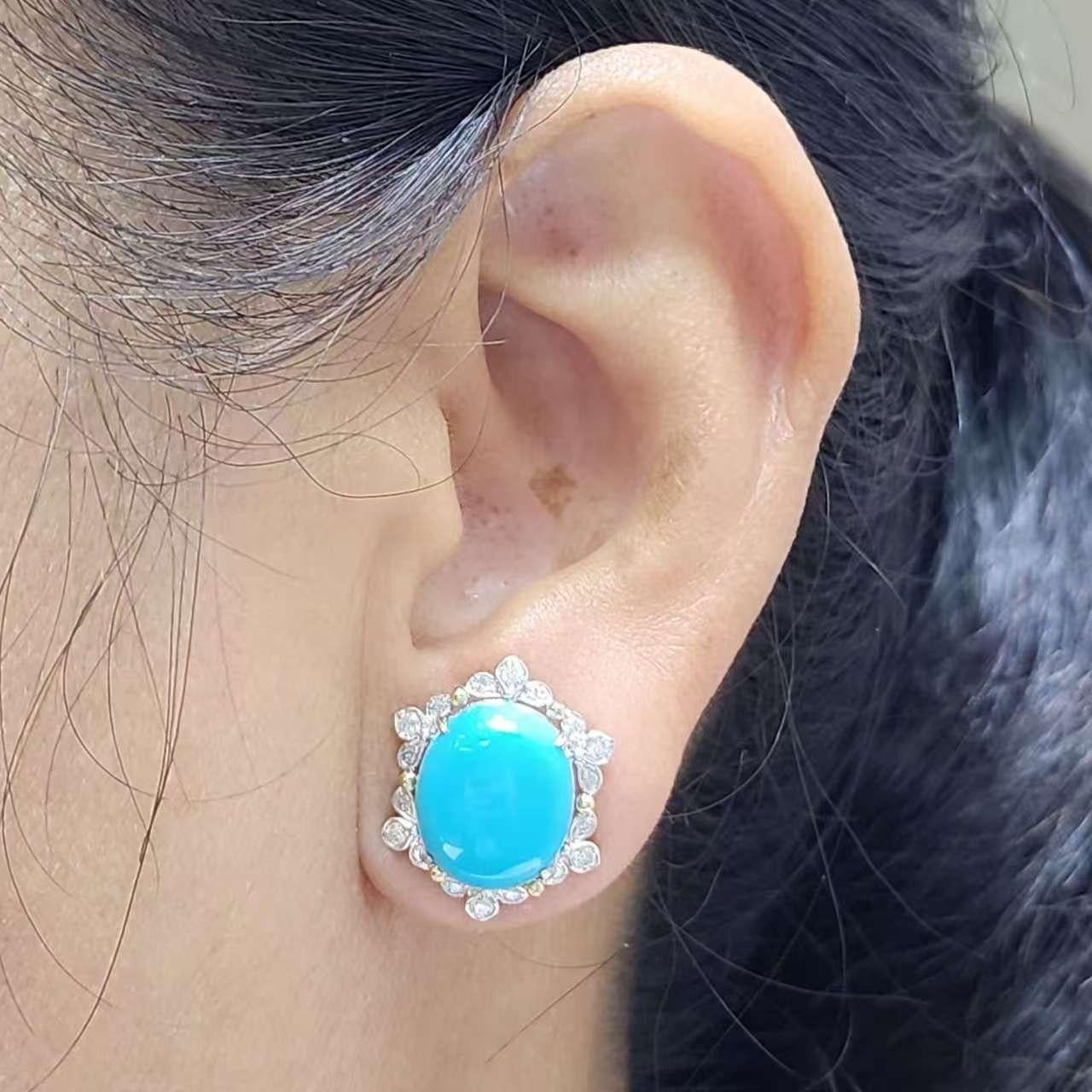 Art Déco Orecchini floreali d'epoca con diamante turchese della Bella Addormentata da 12 mm in oro 14K in vendita