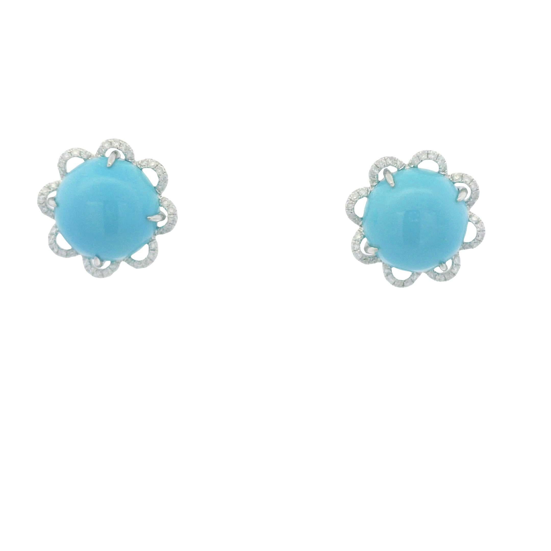 Taille cabochon Boucles d'oreilles en or 14K avec turquoise et diamant de la Belle au Bois Dormant de 12mm en vente
