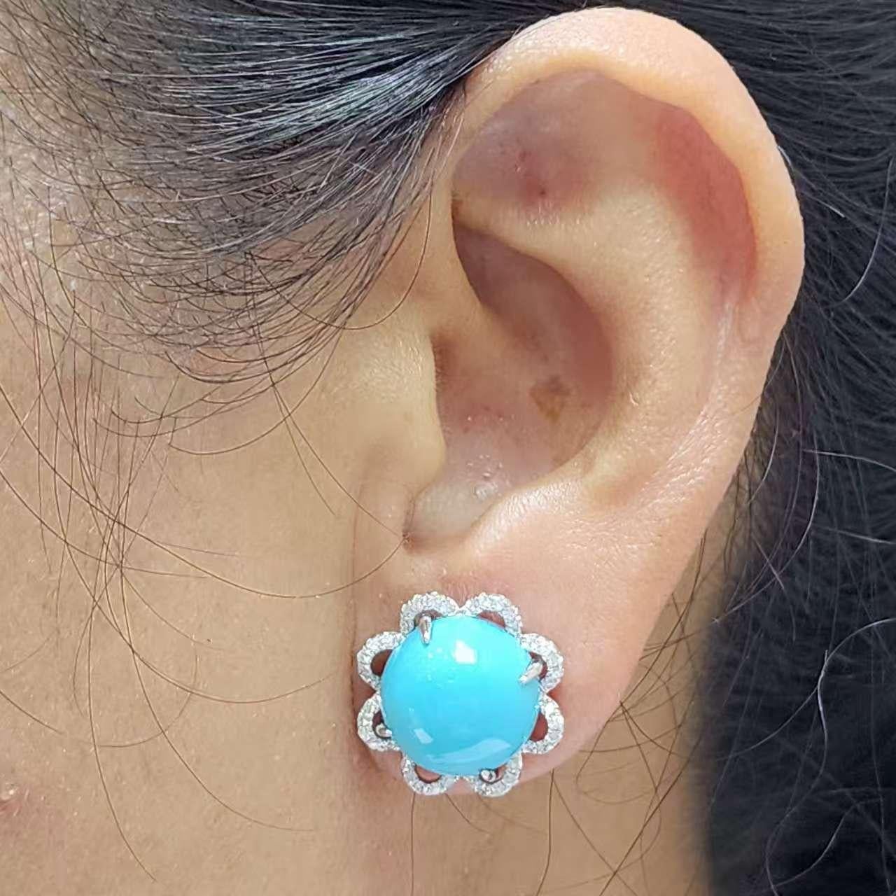 Boucles d'oreilles en or 14K avec turquoise et diamant de la Belle au Bois Dormant de 12mm Pour femmes en vente