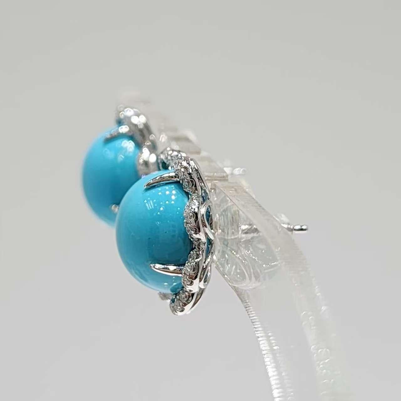 Boucles d'oreilles en or 14K avec turquoise et diamant de la Belle au Bois Dormant de 12mm en vente 3