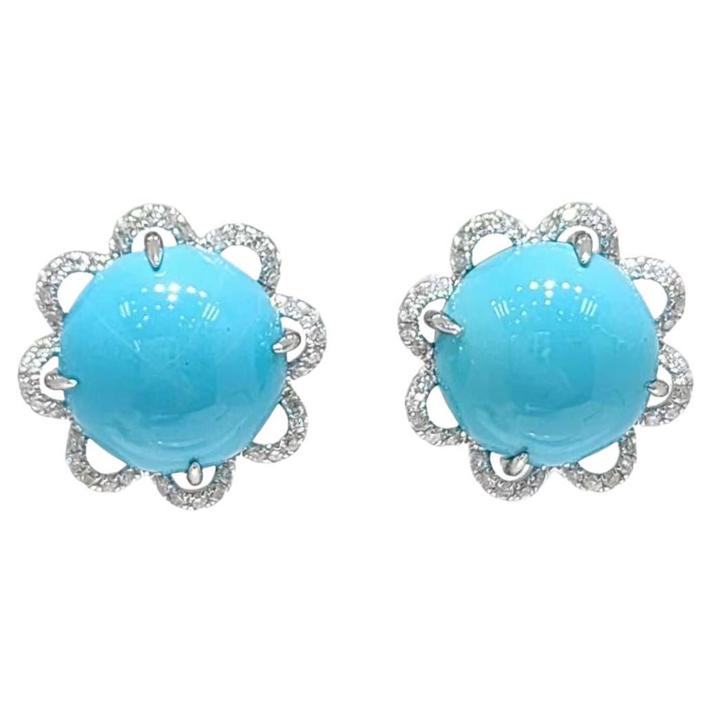 Vintage Floral 12mm Sleeping Beauty Turquoise Diamond Earrings in 14K Gold