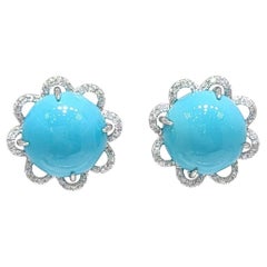 Vintage Floral 12mm Sleeping Beauty Turquoise Diamond Earrings in 14K Gold