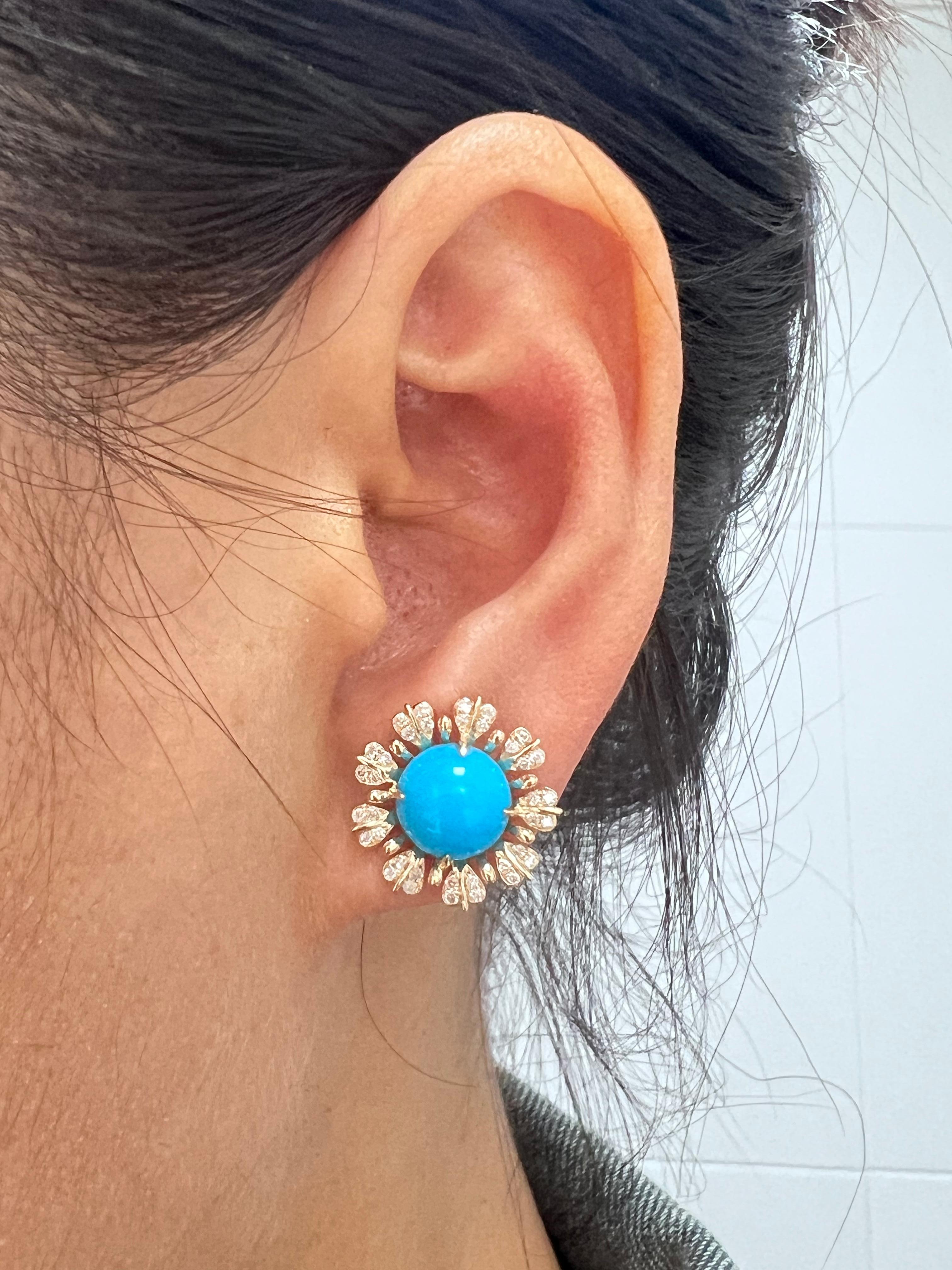 Art Deco Vintage Floral 3.09Ct Sleeping Beauty Turquoise Diamond Earrings in 14K Gold