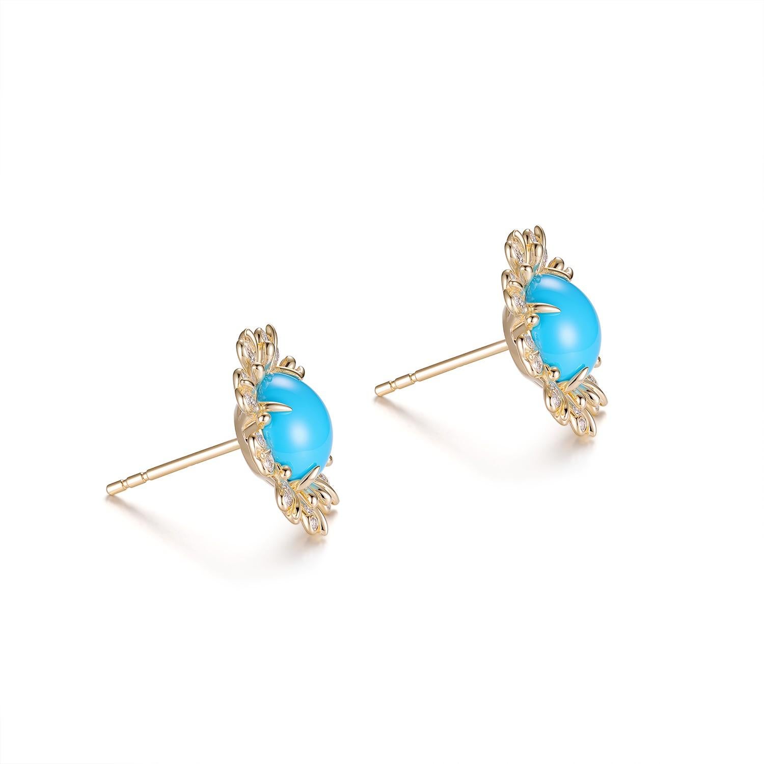Women's Vintage Floral 3.09Ct Sleeping Beauty Turquoise Diamond Earrings in 14K Gold