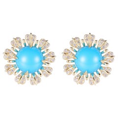Vintage Floral 3.09Ct Sleeping Beauty Turquoise Diamond Earrings in 14K Gold