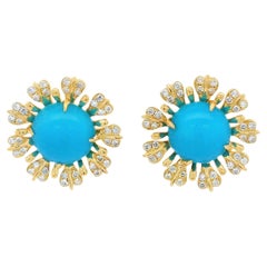 Vintage Floral 4.02Ct Sleeping Beauty Turquoise Diamond Earrings in 14K Gold
