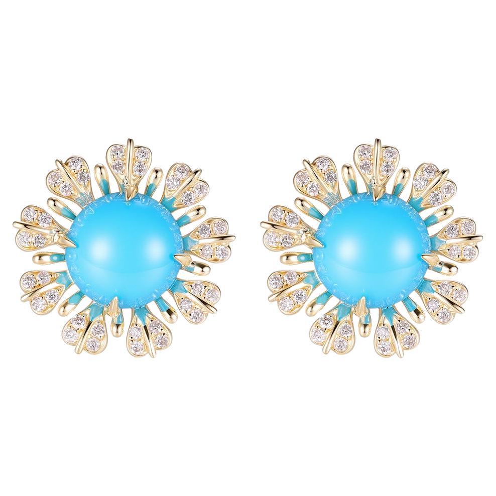 Boucles d'oreilles en or 14 carats, 4.02Ct Sleeping Beauty Turquoise Diamond Earrings