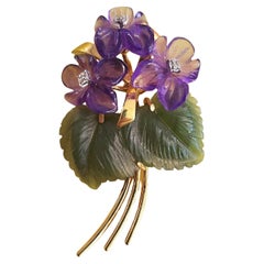 Vintage Floral Carved Amethyst And Malachite Gold Brooch