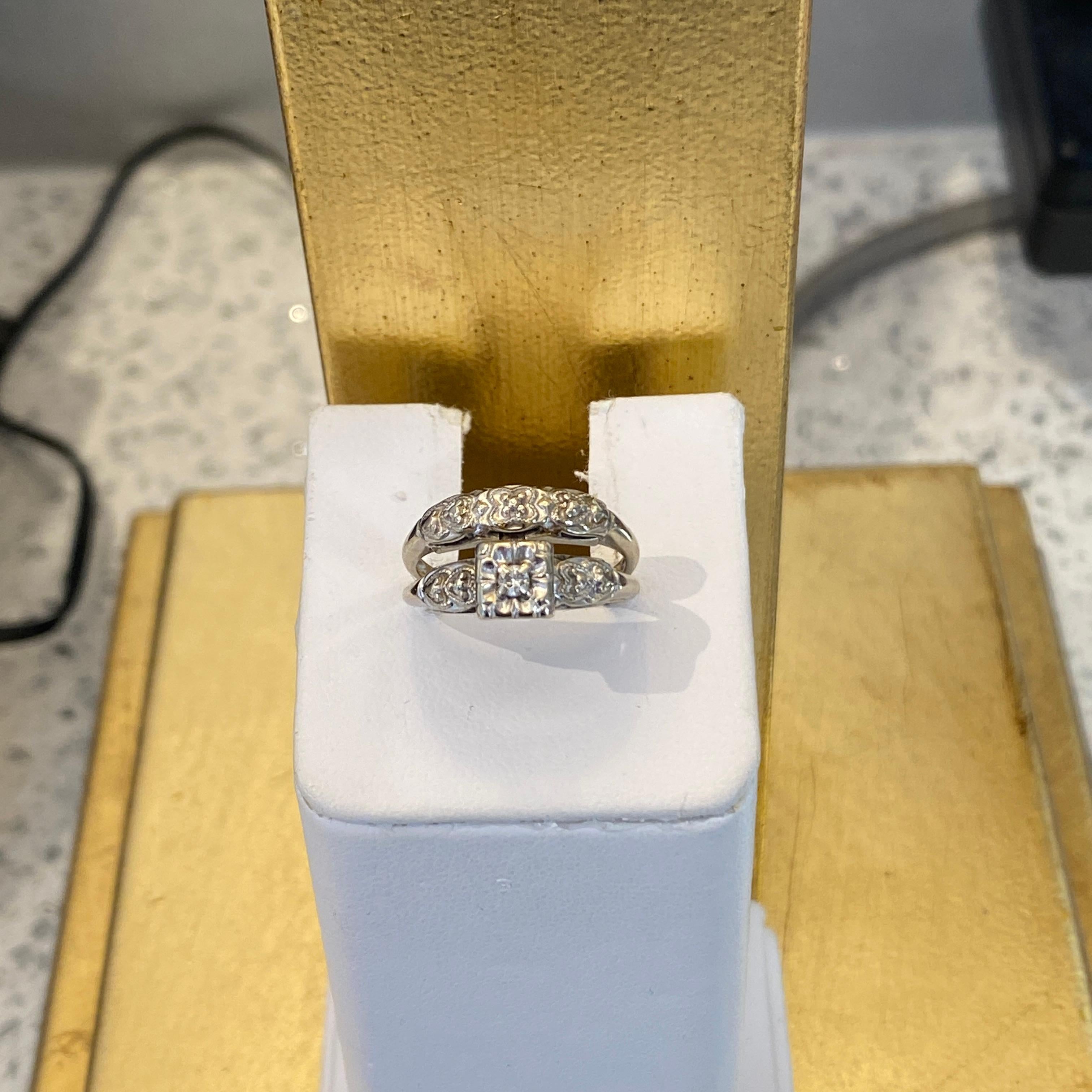 Vintage Floral Art Deco Wedding Band 14K White Gold 1