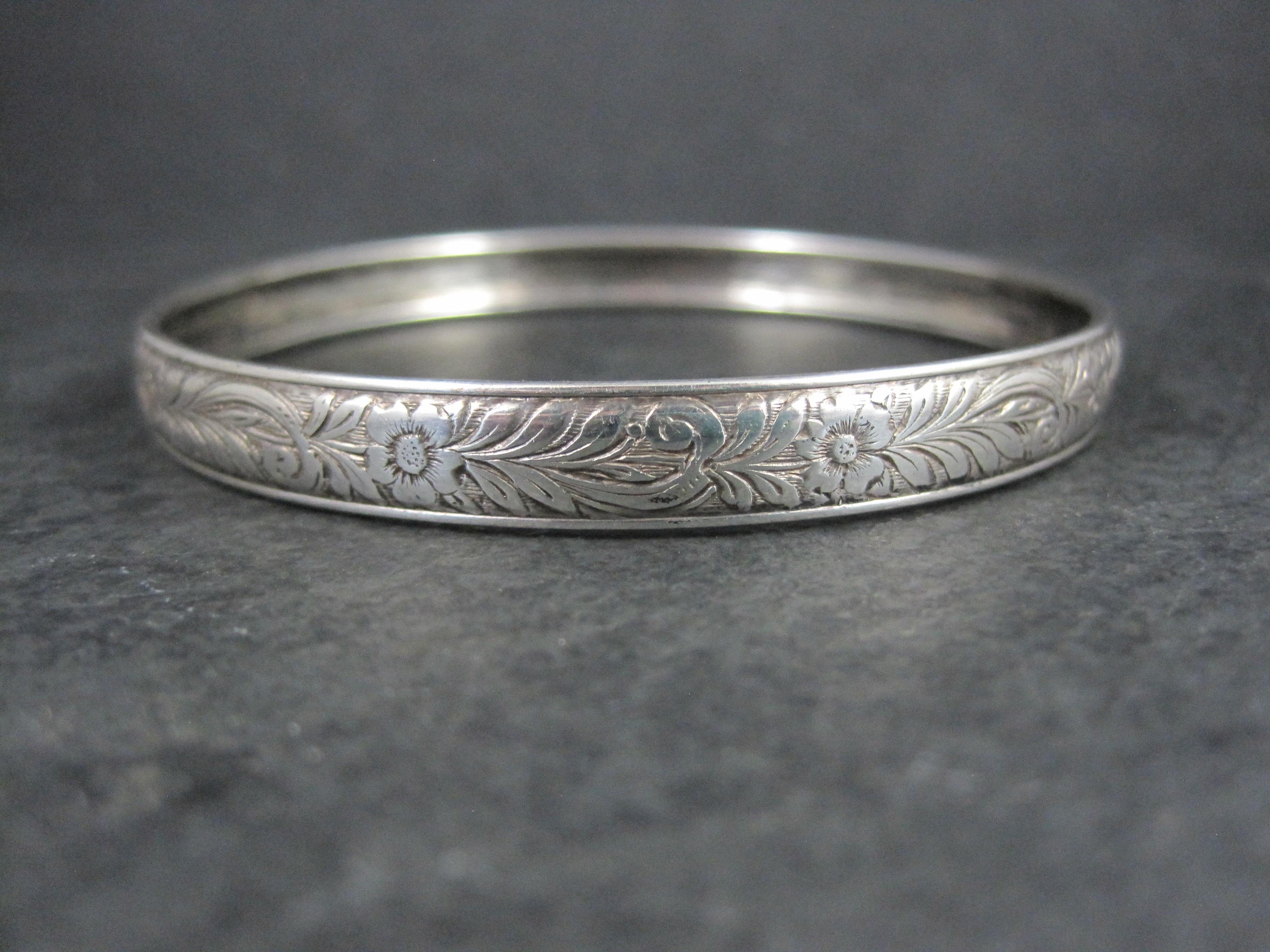 Vintage Floral Bangle Bracelet Sterling Silver 7.75