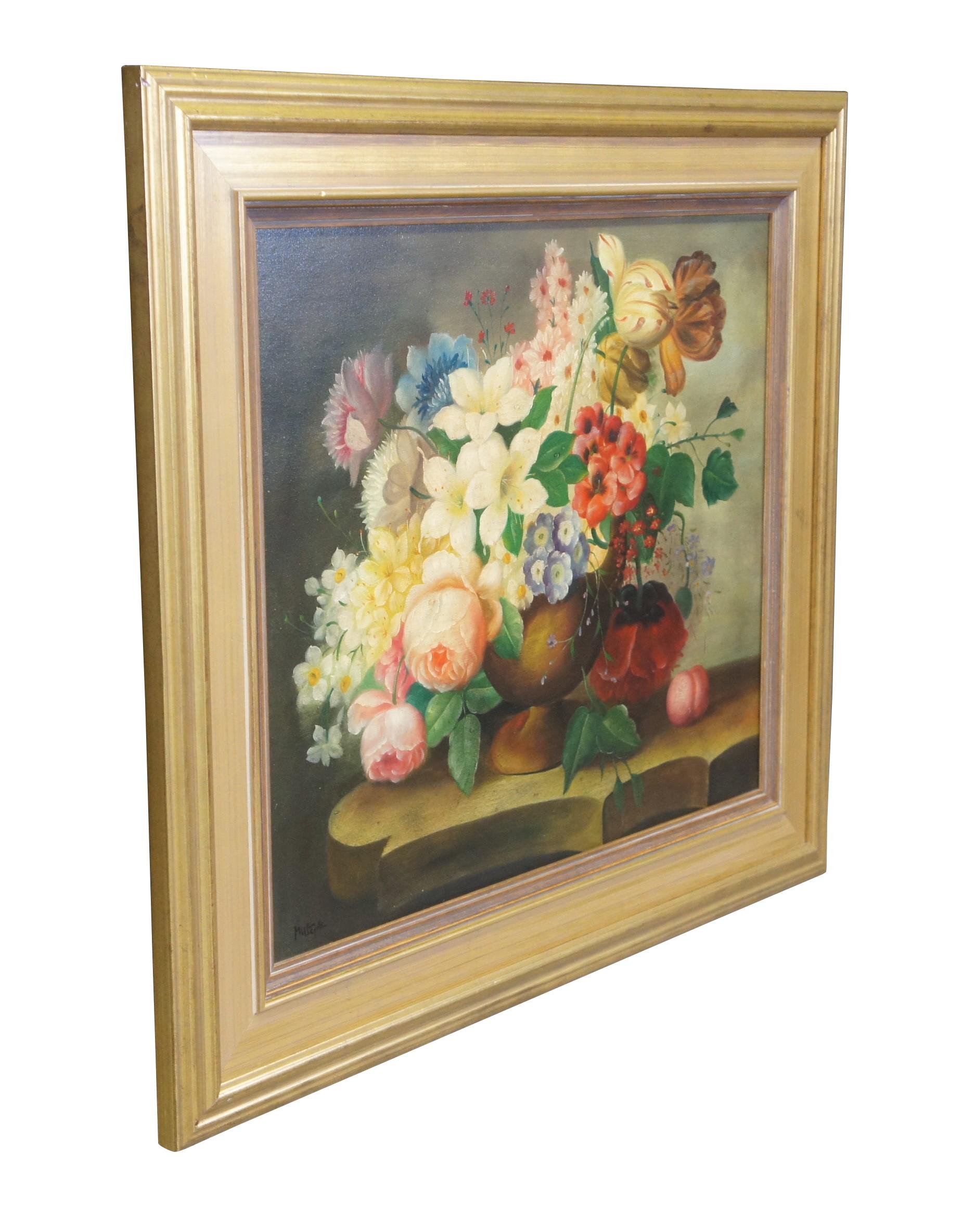 Vintage still life oil painting on canvas featuring a bouquet of flowers in a footed vase / urn on a scalloped table.  Signed lower left by artist.  Framed in gold.

Dimensions:
31.5