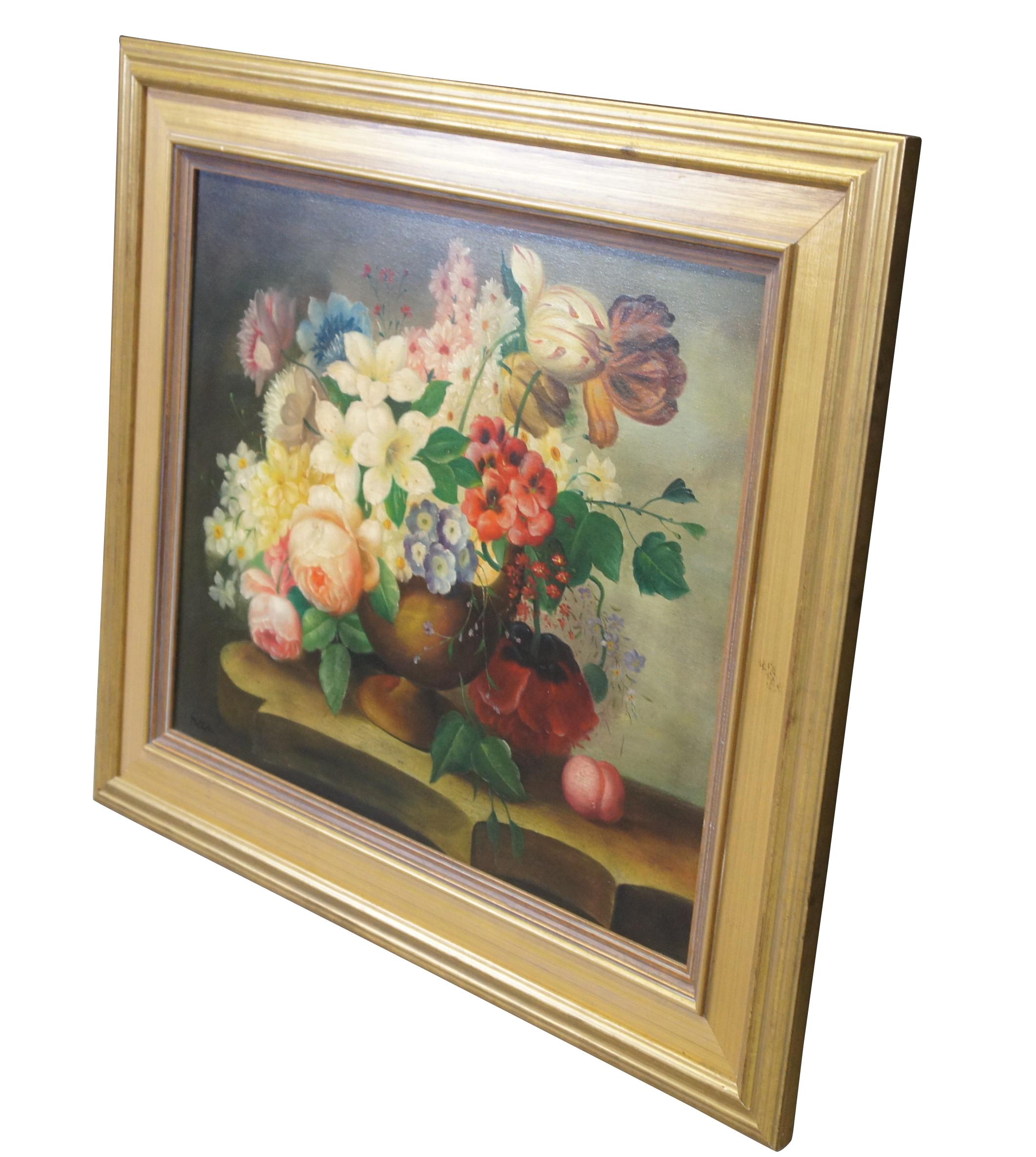 Vintage Floral Bouquet Still Life Oil Painting on Canvas Gold Frame 32