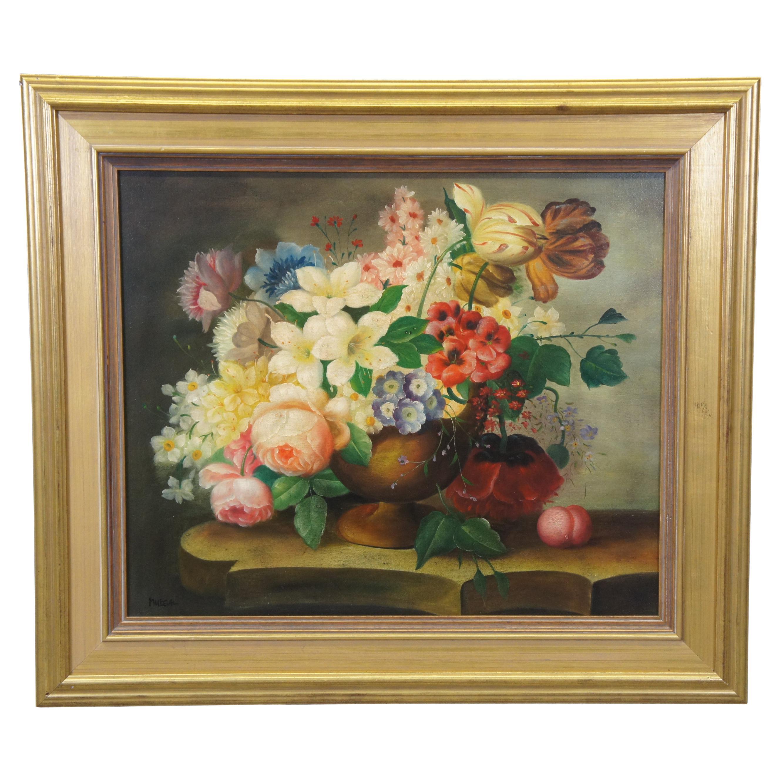 Vintage Floral Bouquet Still Life Oil Painting on Canvas Gold Frame 32" For Sale