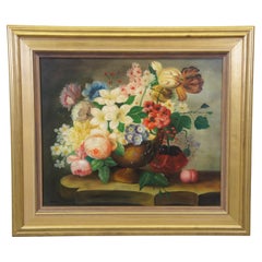 Nature morte au bouquet floral vintage Peinture à l'huile sur toile cadre doré 32".