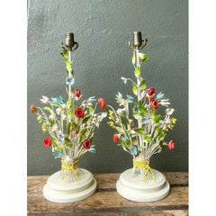 Vintage Floral Bouquet Tole Table Lamps - Pair