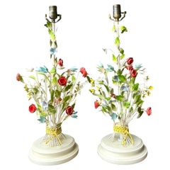 Vintage Floral Bouquet Tole Table Lamps - Pair