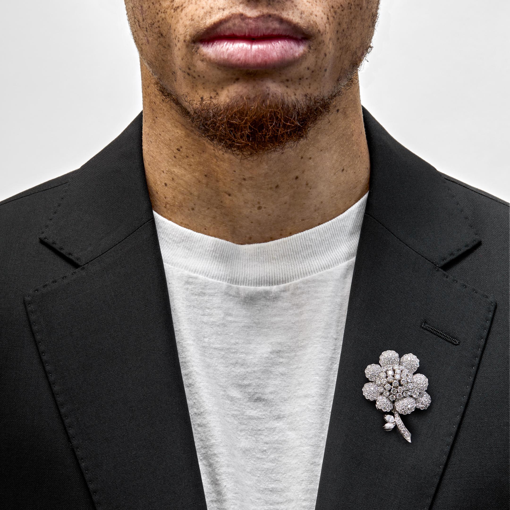 This retro floral brooch, likely crafted in the mid-19th century, is a style lover’s dream. Entirely encrusted in more than 7 carats of diamonds set in 18-karat gold, the maximalist accessory adds a jaunty, debonair quality to a suit