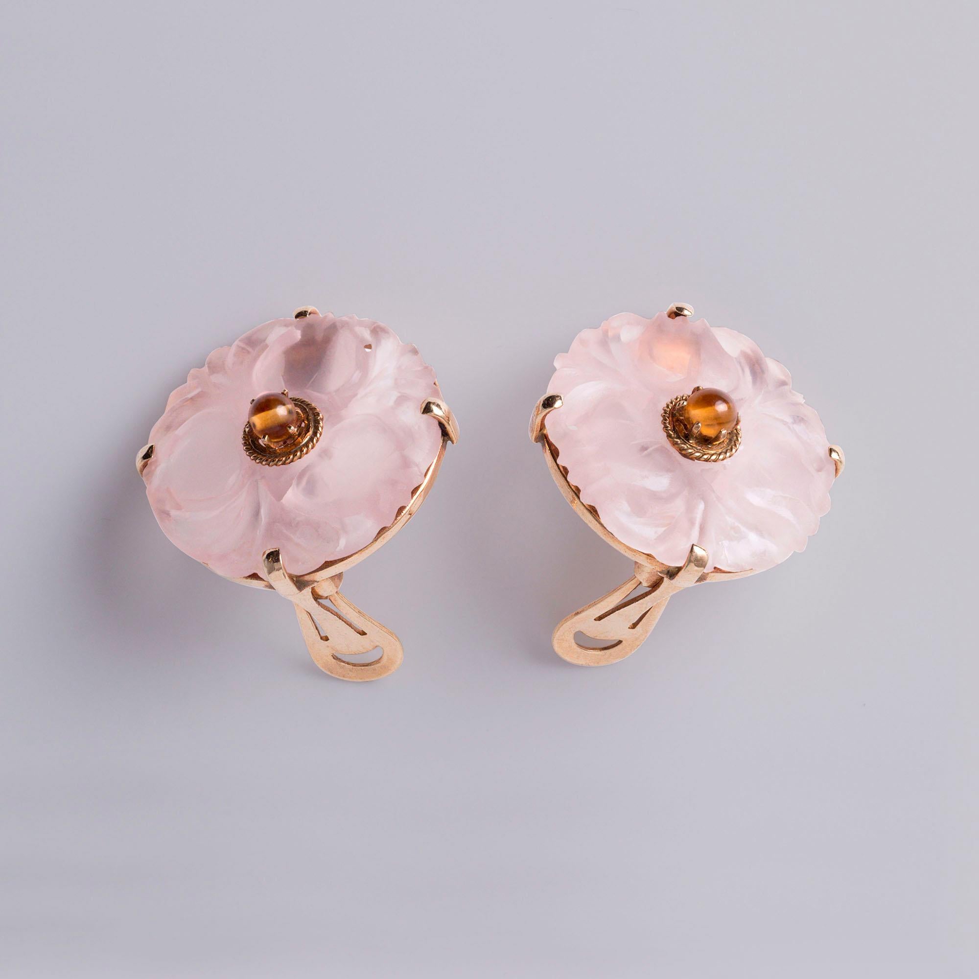 Artisan Boucles d'oreilles à clip en or jaune 14 carats et citrine avec motif floral en vente