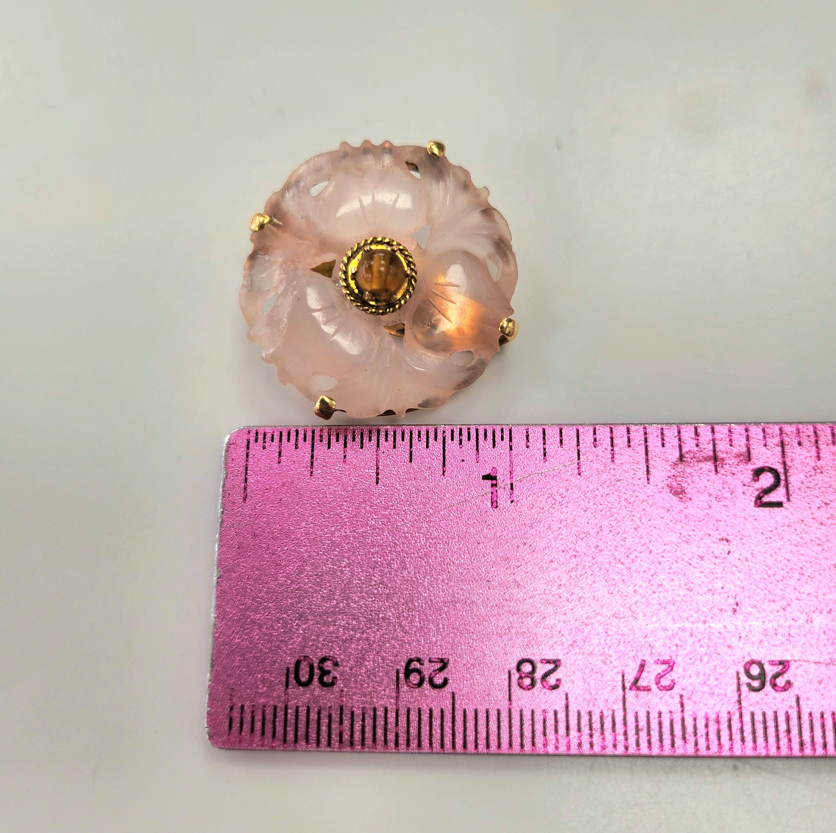 Taille rose Boucles d'oreilles à clip en or jaune 14 carats et citrine avec motif floral en vente