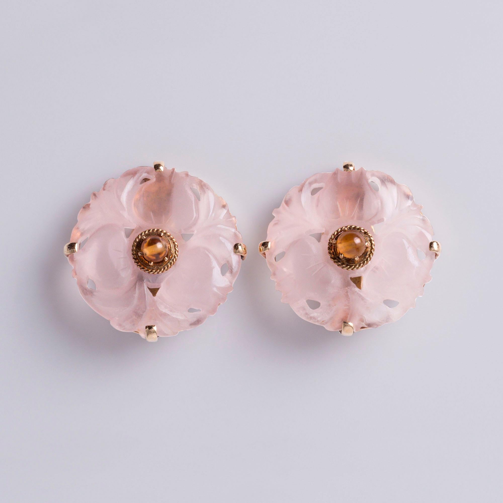 Boucles d'oreilles à clip en or jaune 14 carats et citrine avec motif floral en vente 2