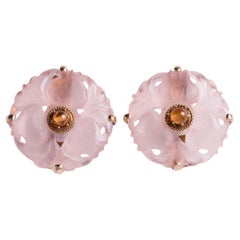 Pendientes de clip de cuarzo rosa y citrino con talla floral vintage en oro amarillo de 14 quilates