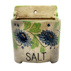 Vintage Floral Ceramic Hanging Wall Salt Cellar in Blue Green and Cream - Japan