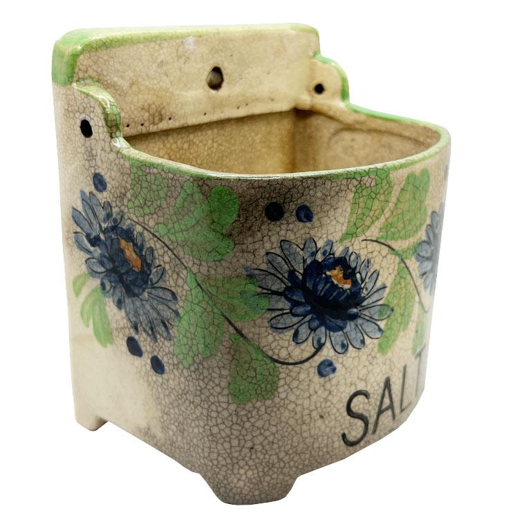 Mid-Century Modern Vintage Floral Ceramic Hanging Wall Salt Cellar in Blue Green and Cream - Japan For Sale