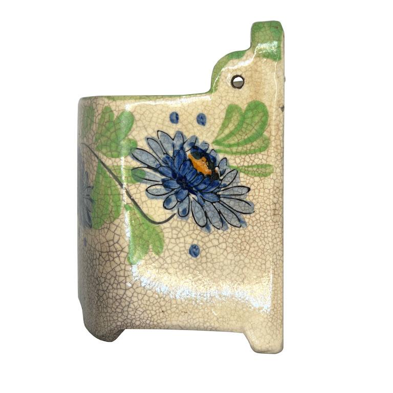 20th Century Vintage Floral Ceramic Hanging Wall Salt Cellar in Blue Green and Cream - Japan For Sale