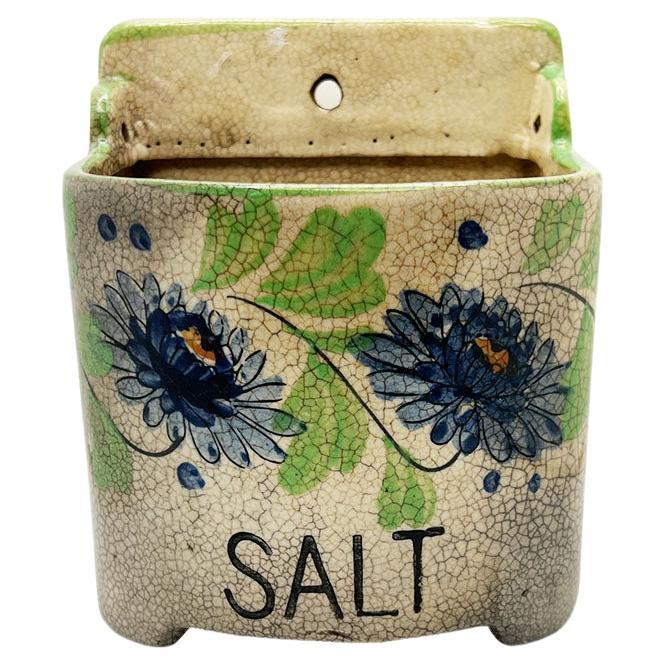 Vintage Floral Ceramic Hanging Wall Salt Cellar in Blue Green and Cream - Japan