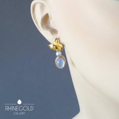 Vintage Floral Chalcedony Pearl Gold Clip Post Earrings Signed