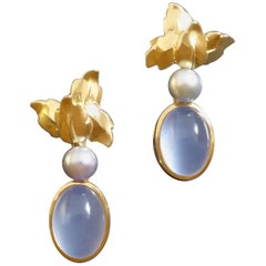 Vintage Floral Chalcedony Pearl Gold Clip Post Earrings Signed