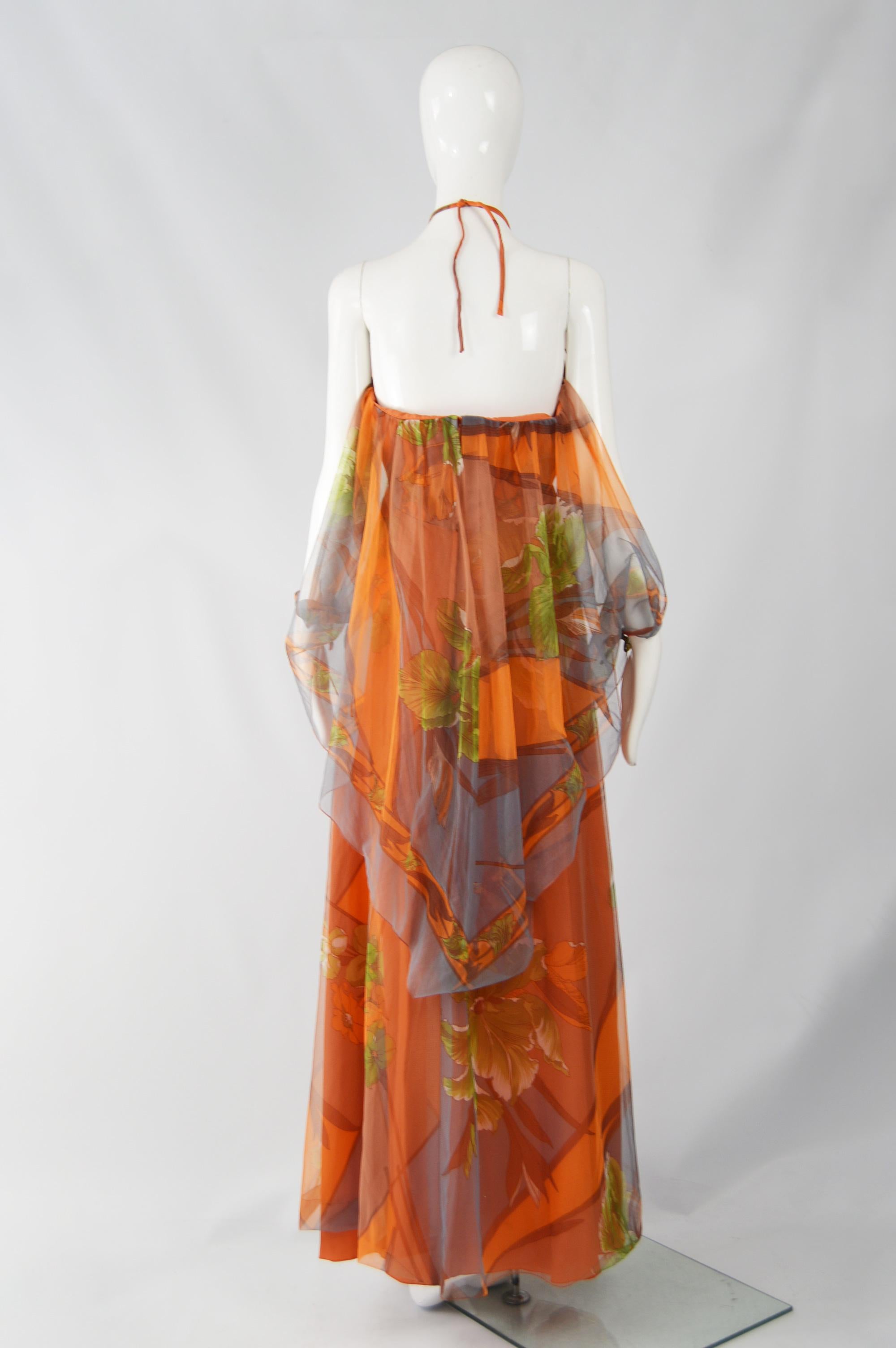 Vintage Floral Chiffon Butterfly Sleeve Maxi Dress, 1970s 1