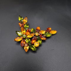 Vintage Floral Cluster Crystal Brooch Pin, Peridot and Citrine Crystal, Retro