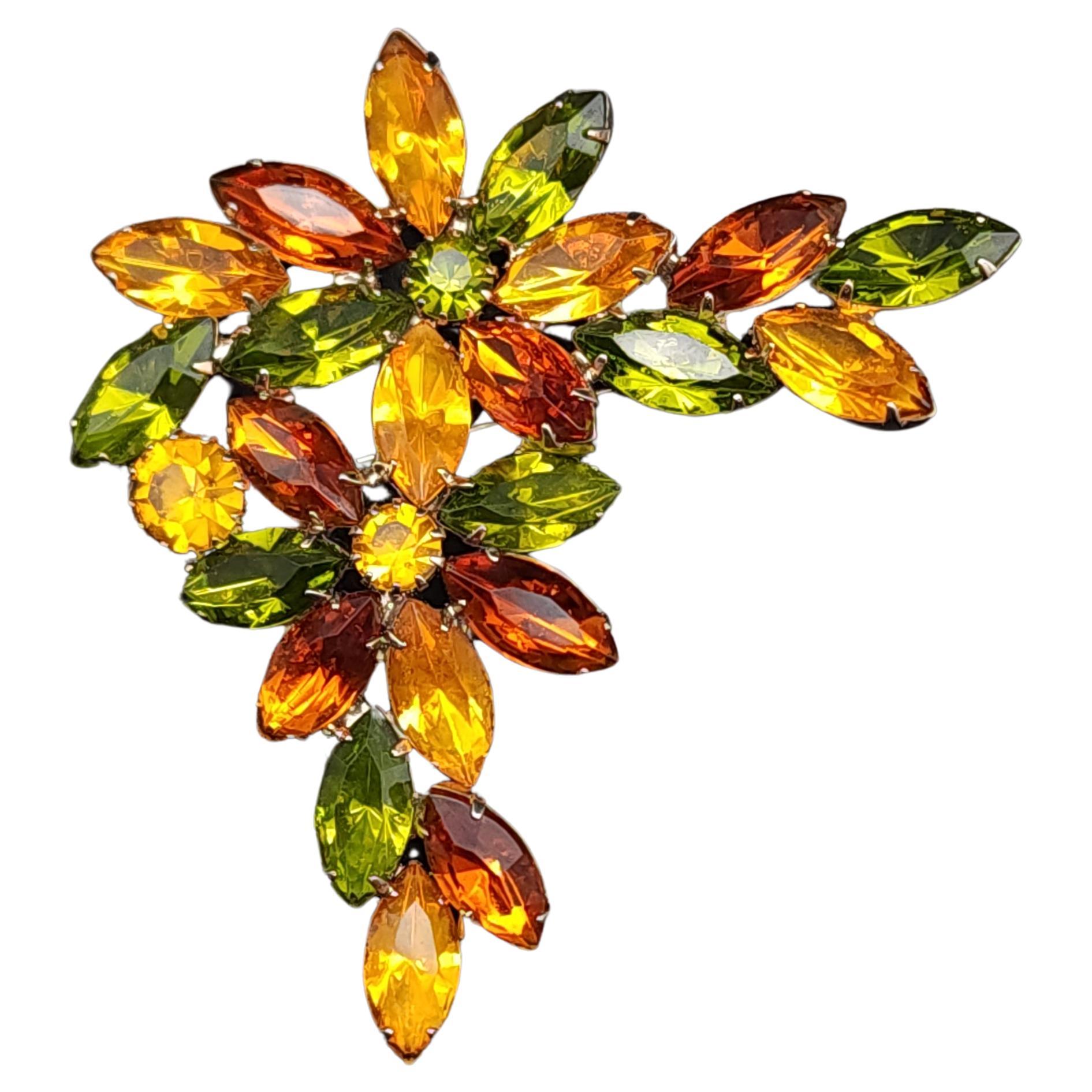 Vintage Floral Cluster Crystal Brooch Pin, Peridot and Citrine Crystal, Retro