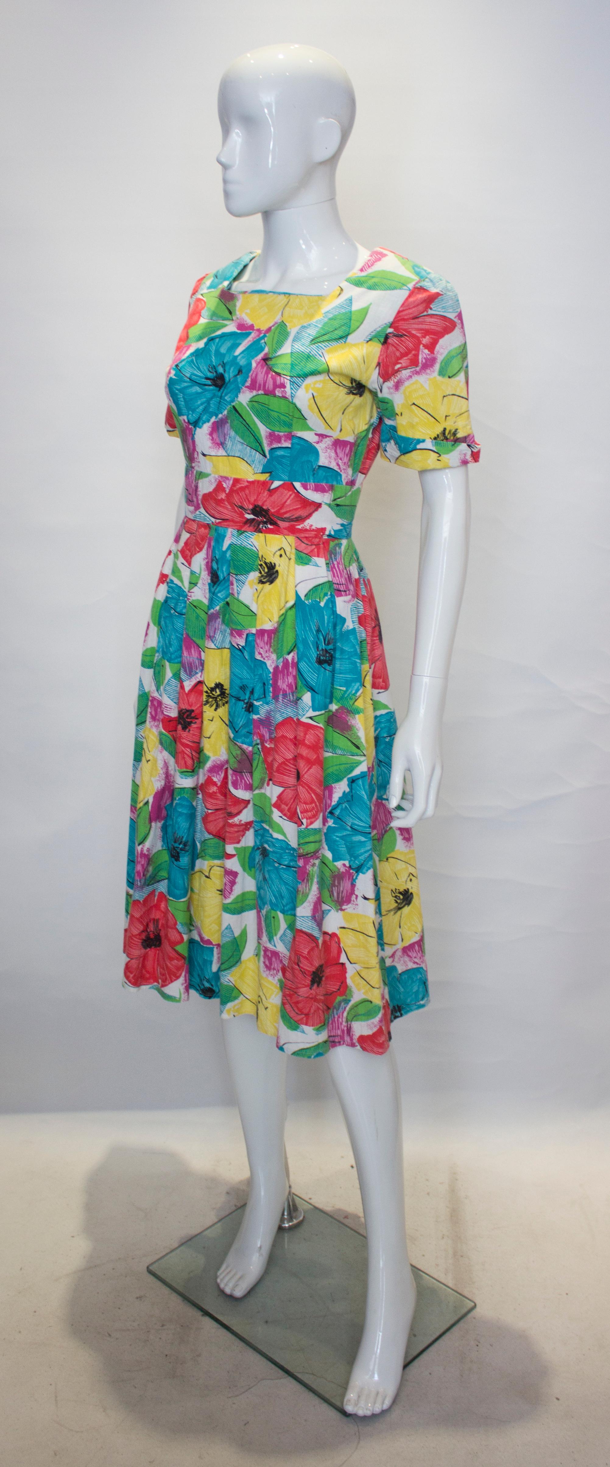 Brown Vintage Floral Cotton Summer Dress For Sale