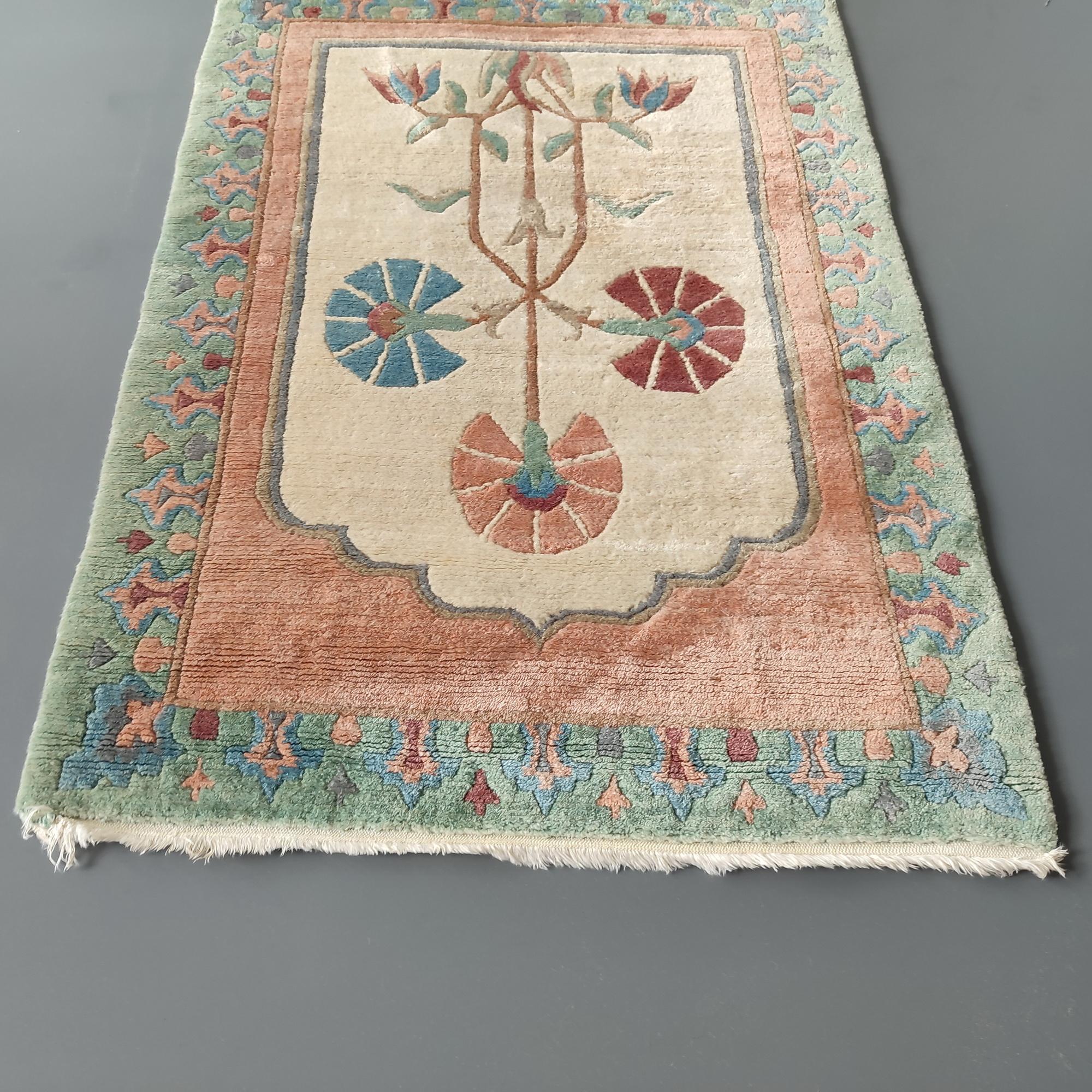 Vintage Tibetan Nepal Floral Hand Woven Wool Rug Carpet, Qanat Kanaat Design For Sale 1