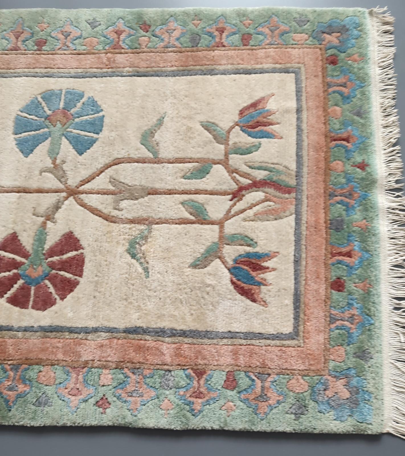 Vintage Tibetan Nepal Floral Hand Woven Wool Rug Carpet, Qanat Kanaat Design For Sale 2