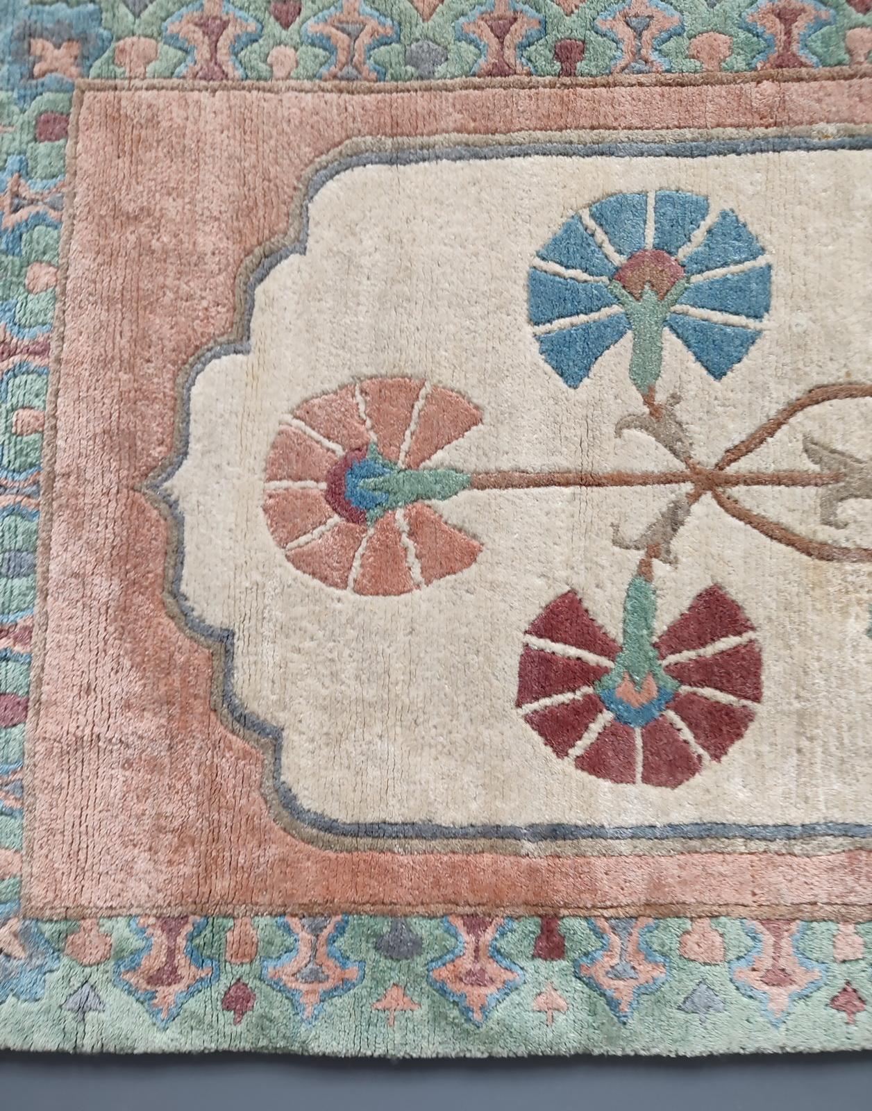 Vintage Tibetan Nepal Floral Hand Woven Wool Rug Carpet, Qanat Kanaat Design For Sale 3
