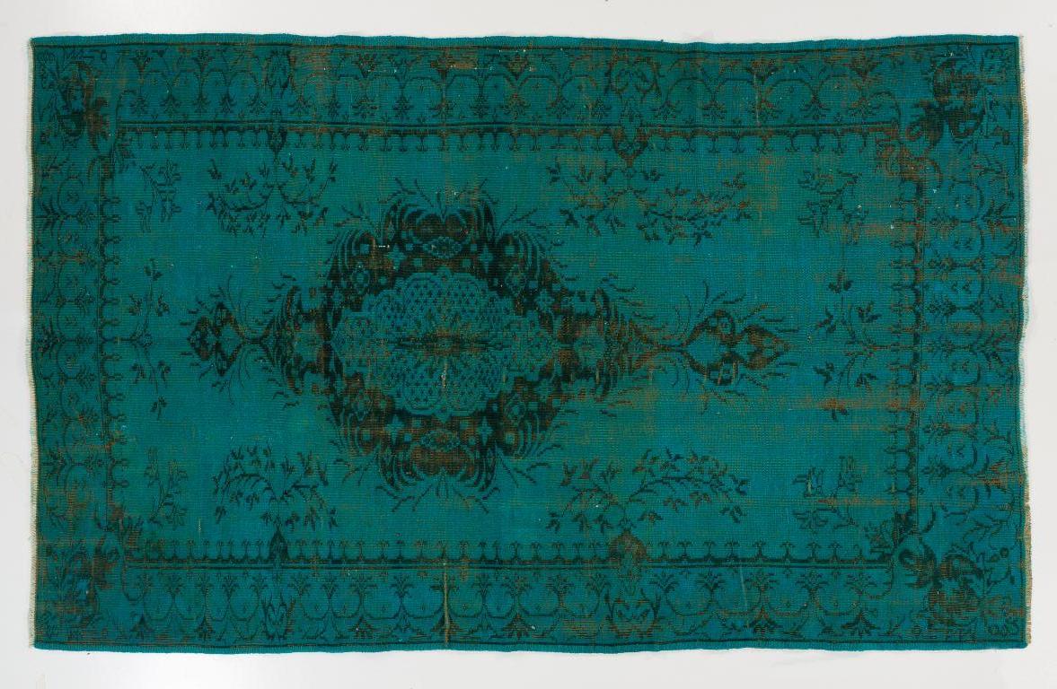 20th Century 5.8x9.3 Ft Vintage Hand-knotted Turkish Wool Medallion Rug Over-dyed in Teal