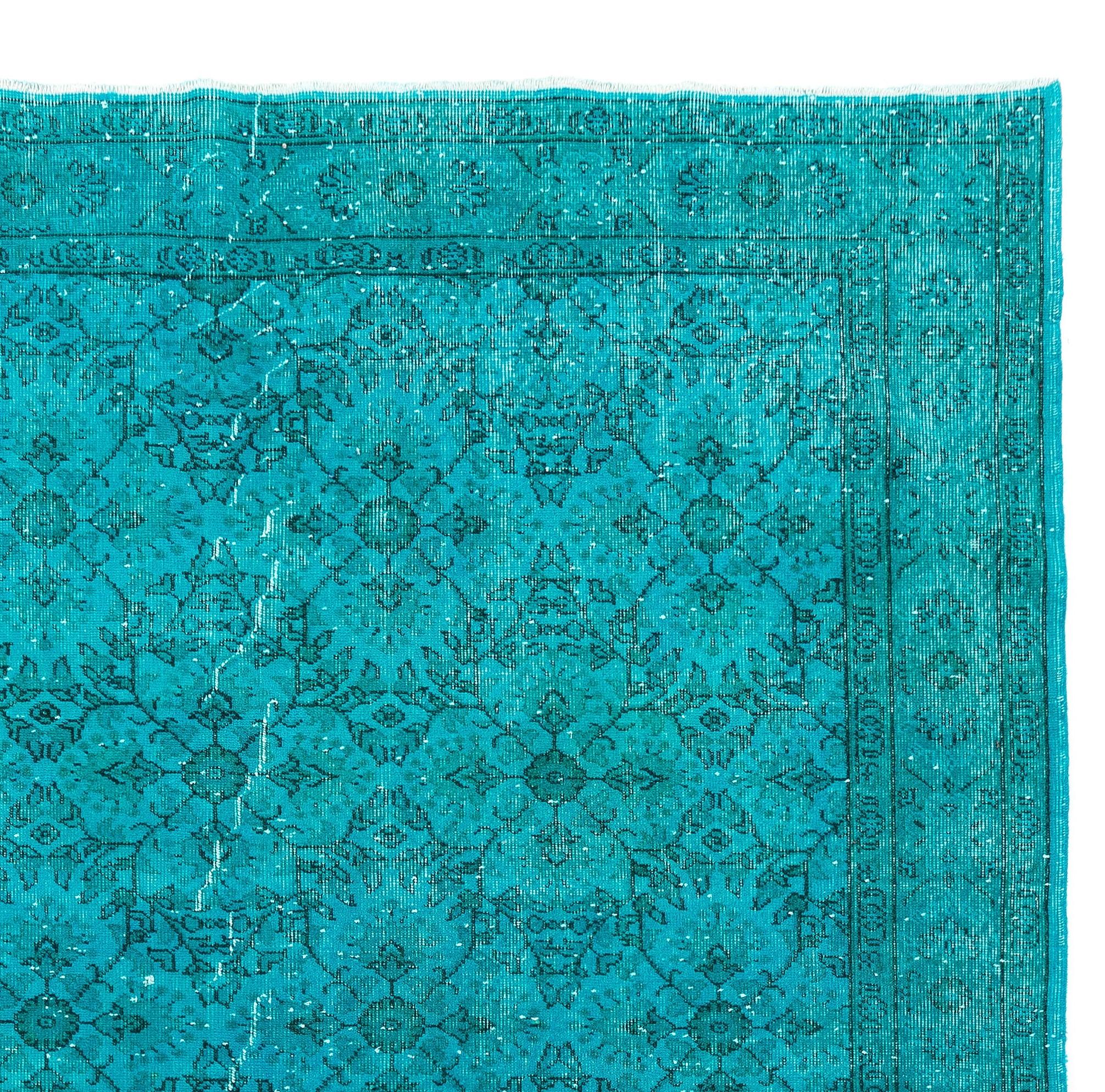 A vintage Turkish rug re-dyed in teal color.
Finely hand knotted, low wool pile on cotton foundation. Deep washed.
Sturdy and can be used on a high traffic area, suitable for both residential and commercial interiors.
     