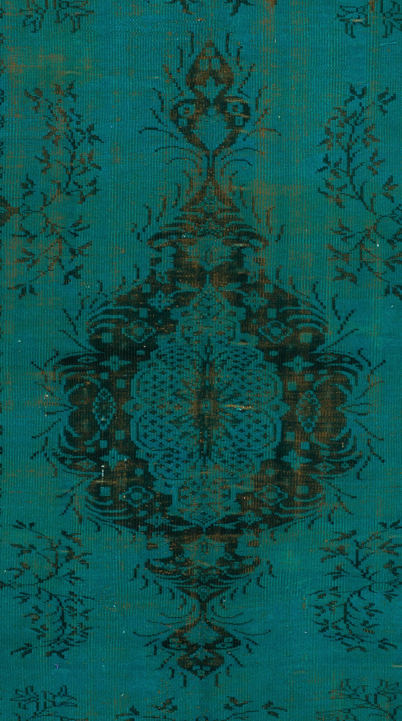Modern 5.8x9.3 Ft Vintage Hand-knotted Turkish Wool Medallion Rug Over-dyed in Teal